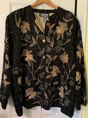 Artsy Lace Bead Indigo Moon Black Tan Jacket Funky Embroidered Floral Lagenlook